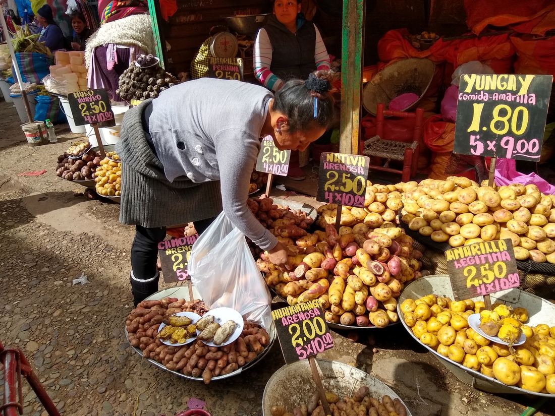Market stall in Huancayo, Peru, piled with many potato varieties